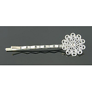 Brass Hair Bobby Pin Findings, with Flower Tray, Silver Color Plated, 57~60x16x5mm(KK-E161-S)