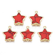 Brass Connector Charms, with Synthetic Turquoise, Cadmium Free & Nickel Free & Lead Free, Real 18K Gold Plated, Star, Red, 17x15.5x3mm, Hole: 1.2mm(KK-N233-173B-01E)
