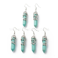 Synthetic Turquoise Bullet with Flower Dangle Earrings, Platinum Tone Brass Jewelry for Women, Cadmium Free & Lead Free, 62~63mm, Pin: 0.6mm(EJEW-G300-02P-09)