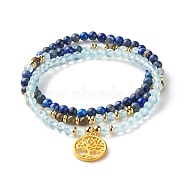 Stone Stretch Bracelets Set, Natural Lapis Lazuli & Aquamarine & Pyrite Round Beads Bracelets, Flat Round with Tree of Life Brass Charm Bracelets for Women, Golden, Inner Diameter: 2-1/4 inch(5.8cm), 3pcs/set(BJEW-JB07331)