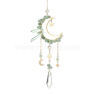 Natural Green Aventurine Chips & Brass Moon Pendant Decorations, with Glass Cone and Brass Sun/Star/Moon Charms, for Home Decorations, 325mm(HJEW-TA00066-02)