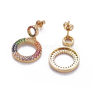 Brass Micro Pave Cubic Zirconia Dangle Stud Earrings, with Brass Ear Nuts, Ring, Colorful, Real 18K Gold Plated, 26.5mm, Pin: 0.7mm(EJEW-F198-14G)