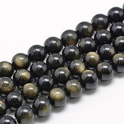 Natural Golden Sheen Obsidian Beads Strands, Grade A, Round, 10mm, Hole: 1mm, about 20pcs/strand, 15.35 inch(39cm)(G-R446-10mm-23)