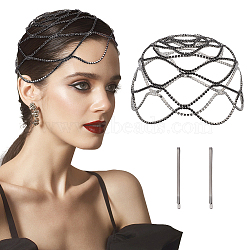 Rhinestone Mesh Headpiece Cap, Brass Head Chain Bridal Party Hair Accessories for Women Girls, Electrophoresis Black, 200x3mm(AJEW-WH0413-82B)