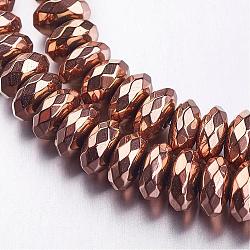 Faceted Electroplate Non-magnetic Synthetic Hematite Bead Strands, Rondelle, Rose Gold Plated, 8x3mm, Hole: 1mm, about 106pcs/strand, 15.7 inch(G-F337-37-8mm)