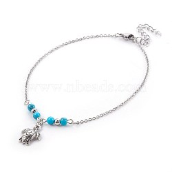 Synthetic Turquoise Charms Anklets, with Tibetan Style Alloy Pendants, 304 Stainless Steel Findings and Iron Eye Pin, Sea Turtle, Antique Silver & Platinum, 9-7/8 inch(25.1cm), Pendant: 16x12.5x3mm(AJEW-AN00234-04)