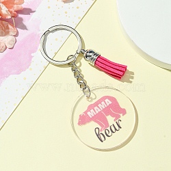 Acrylic Keychain, with Medium Violet Red Tassel, Flat Round, Bear, 10cm(KEYC-YW00085-07)