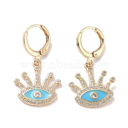 Real 18K Gold Plated Brass Dangle Leverback Earrings, with Enamel and Cubic Zirconia, Evil Eye, Sky Blue, 30.5x16.5mm(EJEW-L269-009G-03)