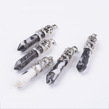 Natural Zebra Jasper Big Pointed Pendants, with Alloy Findings, Faceted, Bullet, Platinum, 59~63x11~12mm, Hole: 4x7mm