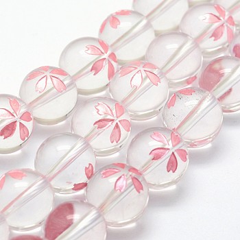 Grade A Natural Quartz Crystal Beads Strands, Round with Sakura, Pink, 8mm, Hole: 0.8mm, about 49pcs/strand, 15.7 inch