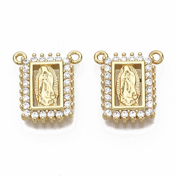 Brass Micro Pave Cubic Zirconia Pendants, Nickel Free, Rectangle with Virgin Mary, Clear, Real 16K Gold Plated, 16x14.5x2.5mm, Hole: 1mm