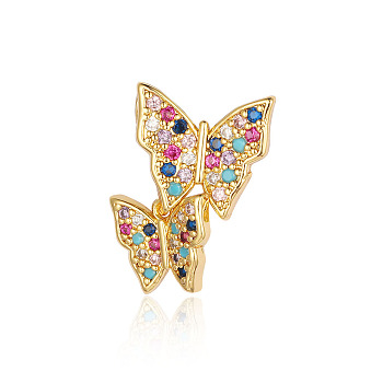 Brass Micro Pave Colorful Cubic Zirconia Pendants, Butterfly Charms, Real 18K Gold Plated, 21x14x2mm