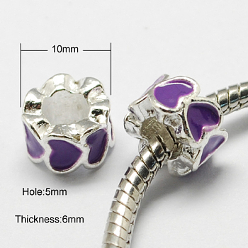 Alloy Enamel European Beads, Large Hole Beads, Column, Silver Color Plated, Dark Violet, 10x6mm, Hole: 5mm