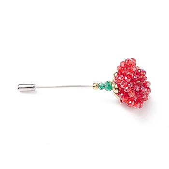Glass Braided Bead Flower Lapel Pin, Brass Safety Pin Brooch for Suit Tuxedo Corsage Accessories, Red, 75mm