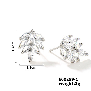 Copper Geometric Zircon Stud Earrings for Elegant Summer Style, Leaf, 14x11mm