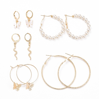 Ring & Butterfly & Snake Dangle Hoop Earrings, Imitation Pearl Beads Open Hoop Earrings for Women, Golden, 27~49.5x2~6mm, Pin: 0.8~1mm, 5 pairs/set