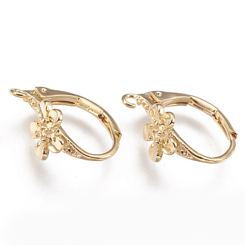 Brass Leverback Earring Findings, with Loop, Flower, Nickel Free, Real 18K Gold Plated, 17x8mm, Hole: 1.5mm