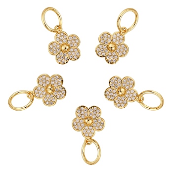 5Pcs Brass Micro Pave Clear Cubic Zirconia Charms, with Jump Ring, Long-Lasting Plated, Flower, Real 18K Gold Plated, 15x13x3mm, Hole: 7.5mm