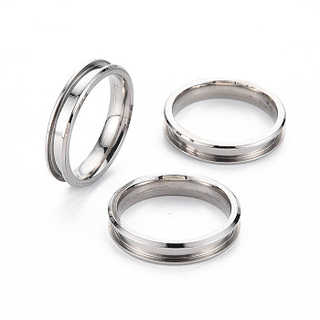 304 Stainless Steel Grooved Finger Ring Settings, Ring Core Blank, for Inlay Ring Jewelry Making, Stainless Steel Color, Inner Diameter: 17mm