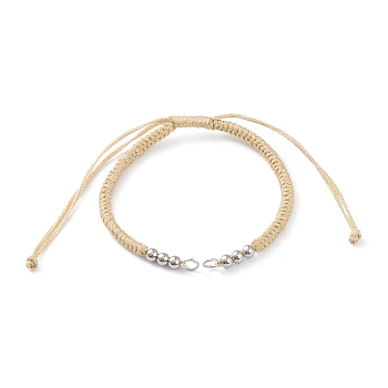 Adjustable Braided Polyester Cord Bracelet Making, with 304 Stainless Steel Jump Rings and Smooth Round Beads, Wheat, Single Chain Length: about 6-1/2 inch(16.5cm)