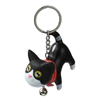 Resin Keychains, with PU Leather Decor and Alloy Split Rings, Cat Shape, Black, 9cm
