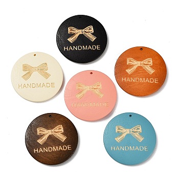 Wood Pendants, Flat Round with Word HANDMADE Charms, Mixed Color, 39.5~40.5x5~5.5mm, Hole: 1.4mm