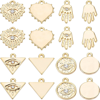 BENECREAT 32Pcs 4 Style Alloy Charms, with Crystal Rhinestone, Cadmium Free & Nickel Free & Lead Free, Hammered, Mixed Shape, Real 18K Gold Plated, 14.5x12x3mm