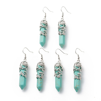 Synthetic Turquoise Bullet with Flower Dangle Earrings, Platinum Tone Brass Jewelry for Women, Cadmium Free & Lead Free, 62~63mm, Pin: 0.6mm