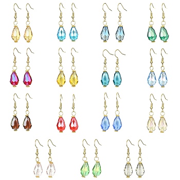 15 Pair 15 Color Glass Teardrop Dangle Earrings, with 304 Stainless Steel Earring Pins, Mixed Color, 40x9.5mm, 1 Pair/color