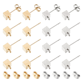 40Pcs 2 Colors 304 Stainless Steel Stud Earring Findings, with Ear Nuts and Horizontal Loops, Cube, Golden & Stainless Steel Color, 8x5mm, Hole: 2mm, Pin: 0.5mm, 20Pcs/color