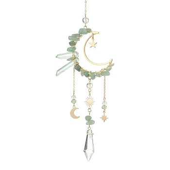 Natural Green Aventurine Chips & Brass Moon Pendant Decorations, with Glass Cone and Brass Sun/Star/Moon Charms, for Home Decorations, 325mm