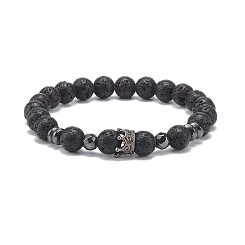 Natural Lava Rock & Synthetic Hematite Stretch Bracelet with Alloy Crown, Essential Oil Gemstone Jewelry for Women, Inner Diameter: 2-1/8 inch(5.5cm)