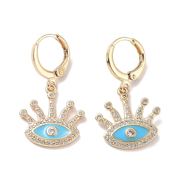Real 18K Gold Plated Brass Dangle Leverback Earrings, with Enamel and Cubic Zirconia, Evil Eye, Sky Blue, 30.5x16.5mm