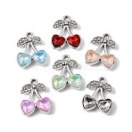 Alloy Rhinestone Pendants, Cherry Charms, with Glass, UV Plating, Mixed Color, Platinum, 18.5x15x4mm, Hole: 1.8mm(FIND-K032-34P)