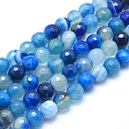 Natural Striped Agate/Banded Agate Beads, Dyed, Faceted Round, Blue, 8mm, Hole: 1mm, about 48pcs/strand, 14.1 inch(36cm)(G-J371-01-8mm)