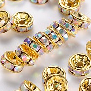 Brass Grade A Rhinestone Spacer Beads, Golden Plated, Rondelle, Nickel Free, Crystal AB, 8x3.8mm, Hole: 1.5mm(RSB038NF-02G)