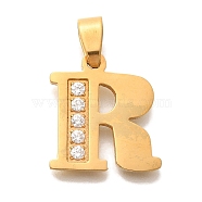 Ion Plating(IP) 304 Stainless Steel Rhinestone Pendants, Letter R, 17~19x10.5~18x2mm, Hole: 6.5x3.5mm(STAS-U035-01G-R)