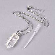 Natural Quartz Crystal Openable Perfume Bottle Pendant Necklaces, with Stainless Steel Cable Chain and Plastic Dropper, Bullet, Platinum, 19.21 inch(50.6cm), Bottle Capacity: 0.15~0.3ml(0.005~0.01 fl. oz), 2mm(G-K295-C-P)