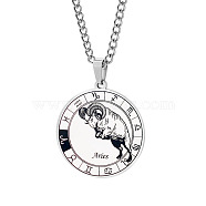 Unisex 201 Stainless Steel Constellation Pendant Necklaces, with Curb Chains, Laser Engraved Pattern, Flat Round, Aries, 13.19 inch(335mm) (NJEW-T011-LA721-1)