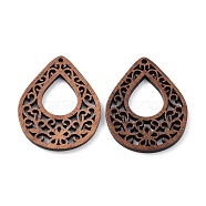 Walnut Wood Laser Cut Pendants, Hollow Charms, Undyed, Teardrop, 35x28x2.6mm, Hole: 1.6mm(WOOD-Q051-03F)