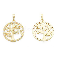 Brass Micro Pave Clear Cubic Zirconia Pendants, with Brass Snap on Bails, Nickel Free, Hollow, Flat Round with Tree, Real 18K Gold Plated, 24x21.5x1.5mm, Hole: 3.5x5mm(ZIRC-N039-248)