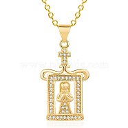 Brass Micro Pave Clear Cubic Zirconia Pendant, Rectangle with Virgin Mary & Cross, Golden, 27x16x2mm, Hole: 6x4mm(KK-BB62384-B)