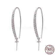 Anti-Tarnish Rhodium Plated 925 Sterling Silver Micro Pave Cubic Zirconia Earring Hooks, For Half-drilled Beads, Platinum, 30~32x2mm, 22 Gauge, Pin: 0.6mm and 0.7mm(STER-F041-88P)