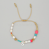 Initial Letter Natural Pearl Braided Bead Bracelet, Adjustable Bracelet, Letter S, 11 inch(28cm)(LO8834-19)
