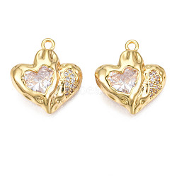 Brass Micro Pave Cubic Zirconia Pendants, Real 18K Gold Plated, Heart, Clear, 18x17.5x6mm, Hole: 1.8mm(KK-N231-293B)