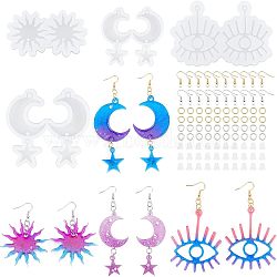 4Pcs 4 Style Eye & Sun & Moon Pendant Silicone Molds, Resin Casting Molds, For UV Resin, with 100Pcs Iron Open Jump Rings & 60Pcs Earring Hooks, 100Pcs Plastic Ear Nuts, White, 68~96x73~117x9mm, Hole: 3mm, Inner Diameter: 31~64x28~53mm, 1pc/style(DIY-FG0002-91)