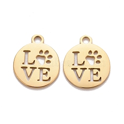 201 Stainless Steel Pendants, Laser Cut, Manual Polishing, Flat Round with Word Love, Golden, 14x12x1mm, Hole: 1.5mm(STAS-D451-15G)