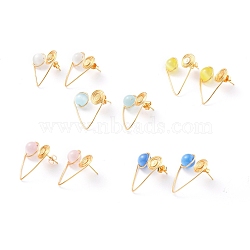 Cat Eye Stud Earrings, with Copper Wire, 304 Stainless Steel Stud Earring Findings and Brass Ear Nuts, Golden, Mixed Color, 23~25mm, Pin: 0.8mm(EJEW-JE03765)