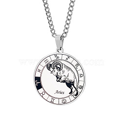 Unisex 201 Stainless Steel Constellation Pendant Necklaces, with Curb Chains, Laser Engraved Pattern, Flat Round, Aries, 13.19 inch(335mm) (NJEW-T011-LA721-1)