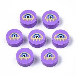 Handmade Polymer Clay Beads, Flat Round with Evil Eye, Blue Violet, 9.5~10x4.5mm, Hole: 1.6mm(CLAY-N007-004-04)